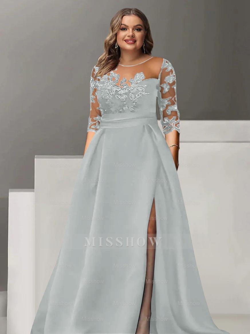 Sweetheart A-Line Princess Floor-Length Plus Size Mother of the Bride Dress with 3/4 Sleeves Lace & Side Split
