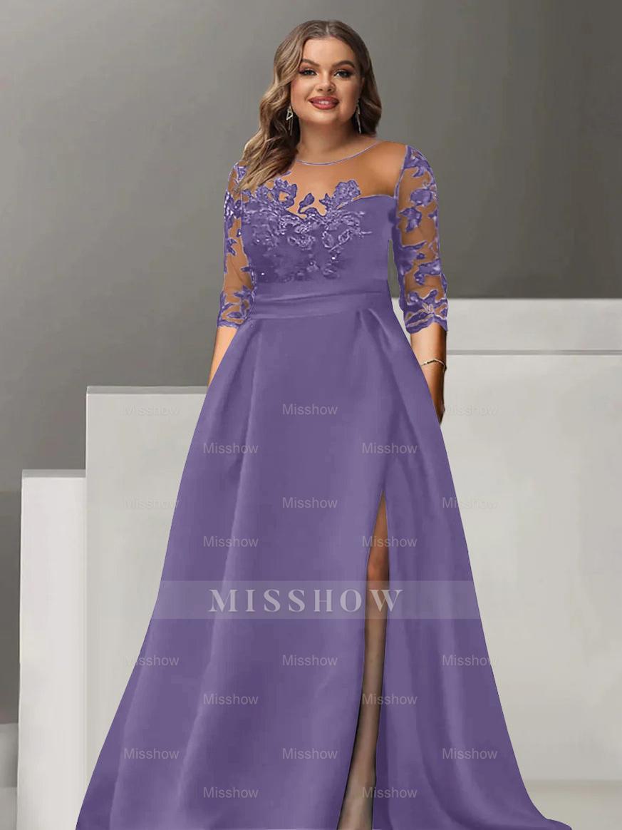 Sweetheart A-Line Princess Floor-Length Plus Size Mother of the Bride Dress with 3/4 Sleeves Lace & Side Split