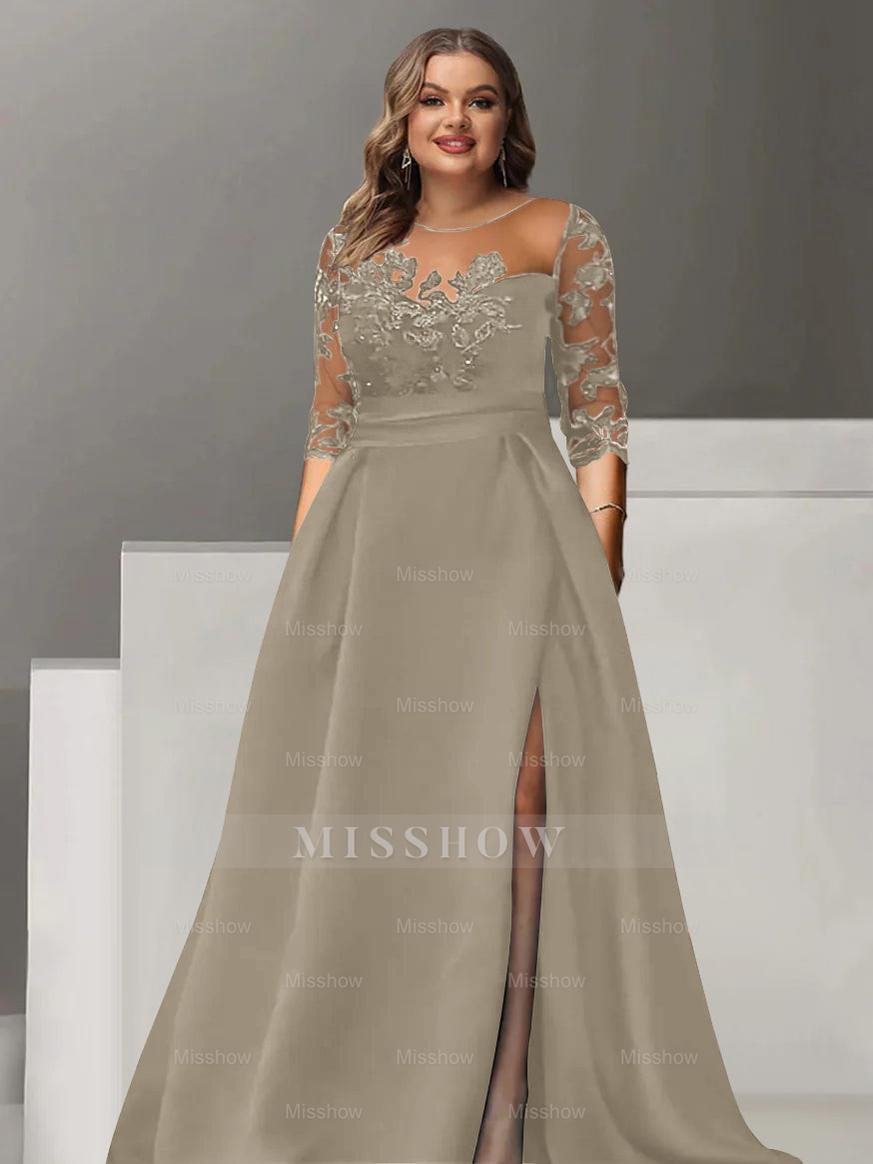 Sweetheart A-Line Princess Floor-Length Plus Size Mother of the Bride Dress with 3/4 Sleeves Lace & Side Split