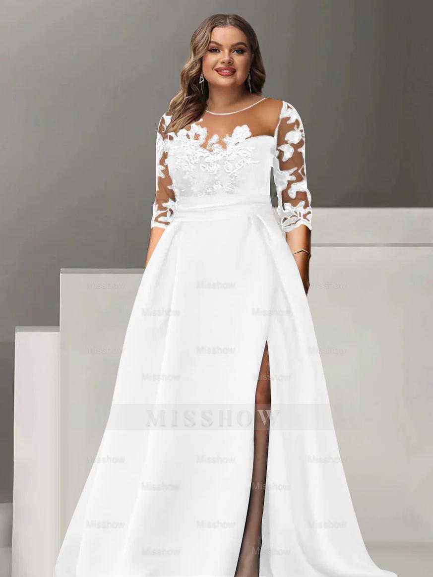 Sweetheart A-Line Princess Floor-Length Plus Size Mother of the Bride Dress with 3/4 Sleeves Lace & Side Split