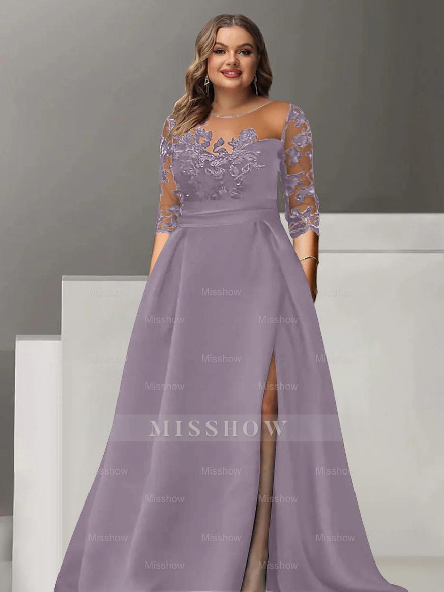 Sweetheart A-Line Princess Floor-Length Plus Size Mother of the Bride Dress with 3/4 Sleeves Lace & Side Split