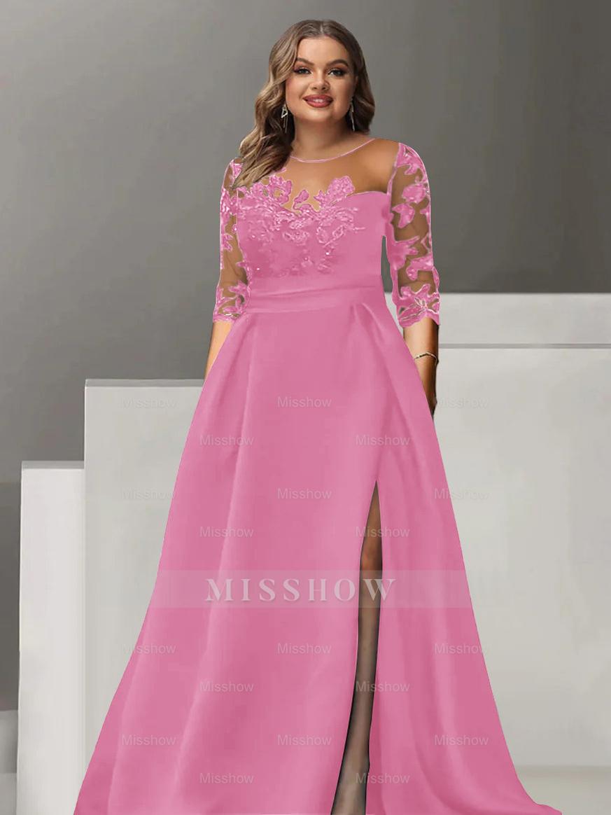 Sweetheart A-Line Princess Floor-Length Plus Size Mother of the Bride Dress with 3/4 Sleeves Lace & Side Split