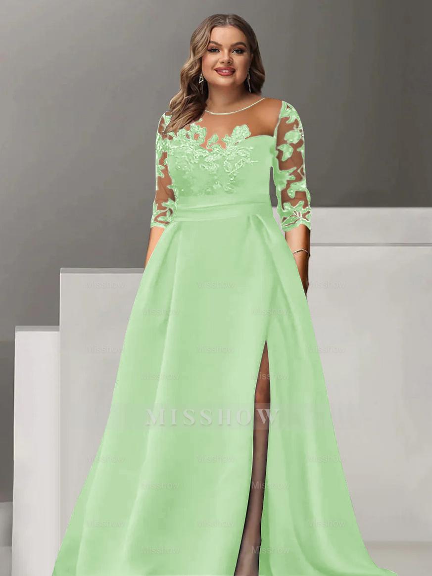Sweetheart A-Line Princess Floor-Length Plus Size Mother of the Bride Dress with 3/4 Sleeves Lace & Side Split