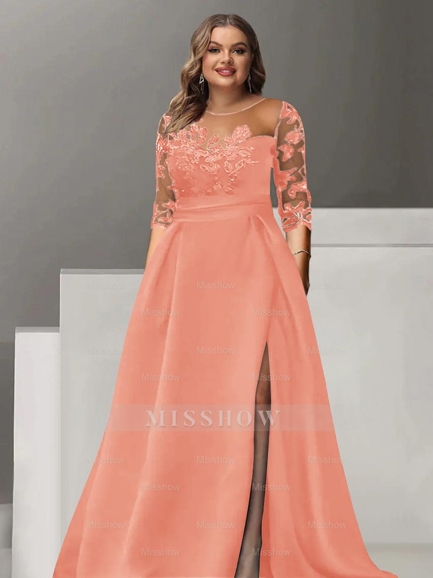 Sweetheart A-Line Princess Floor-Length Plus Size Mother of the Bride Dress with 3/4 Sleeves Lace & Side Split