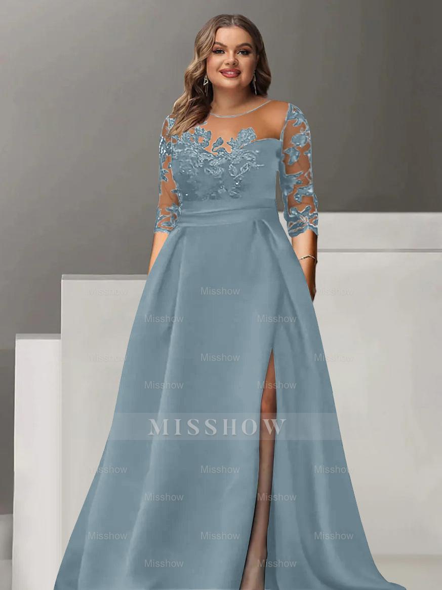 Sweetheart A-Line Princess Floor-Length Plus Size Mother of the Bride Dress with 3/4 Sleeves Lace & Side Split