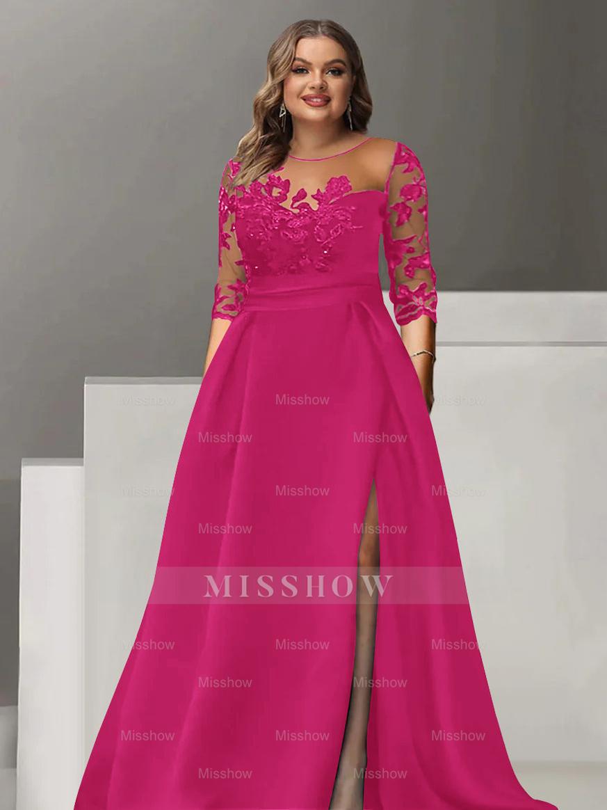 Sweetheart A-Line Princess Floor-Length Plus Size Mother of the Bride Dress with 3/4 Sleeves Lace & Side Split