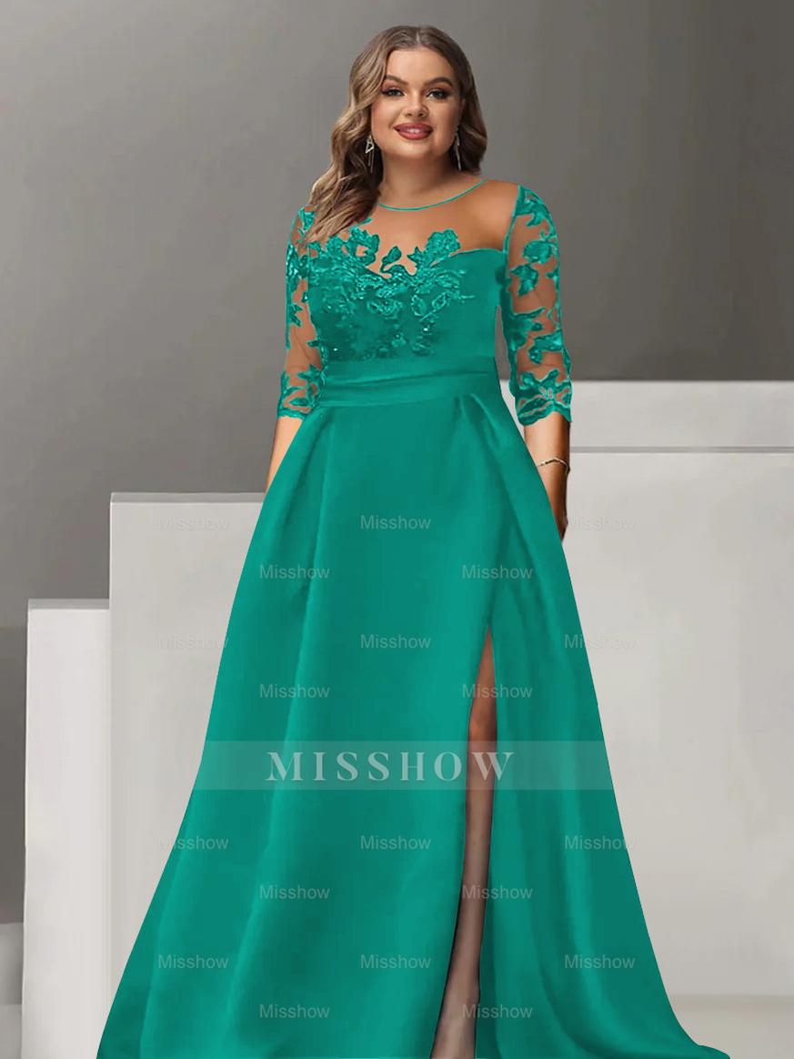 Sweetheart A-Line Princess Floor-Length Plus Size Mother of the Bride Dress with 3/4 Sleeves Lace & Side Split