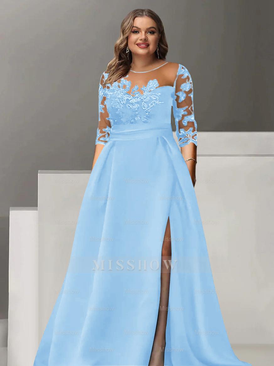 Sweetheart A-Line Princess Floor-Length Plus Size Mother of the Bride Dress with 3/4 Sleeves Lace & Side Split