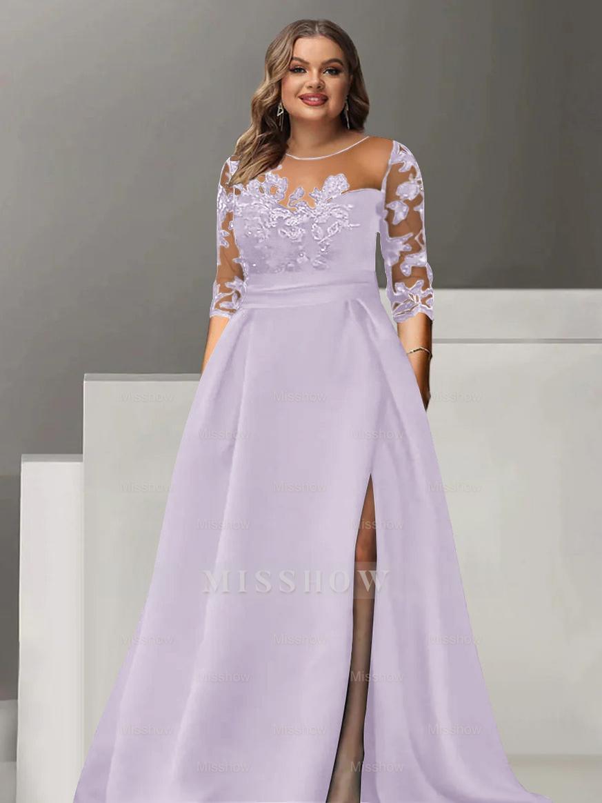 Sweetheart A-Line Princess Floor-Length Plus Size Mother of the Bride Dress with 3/4 Sleeves Lace & Side Split