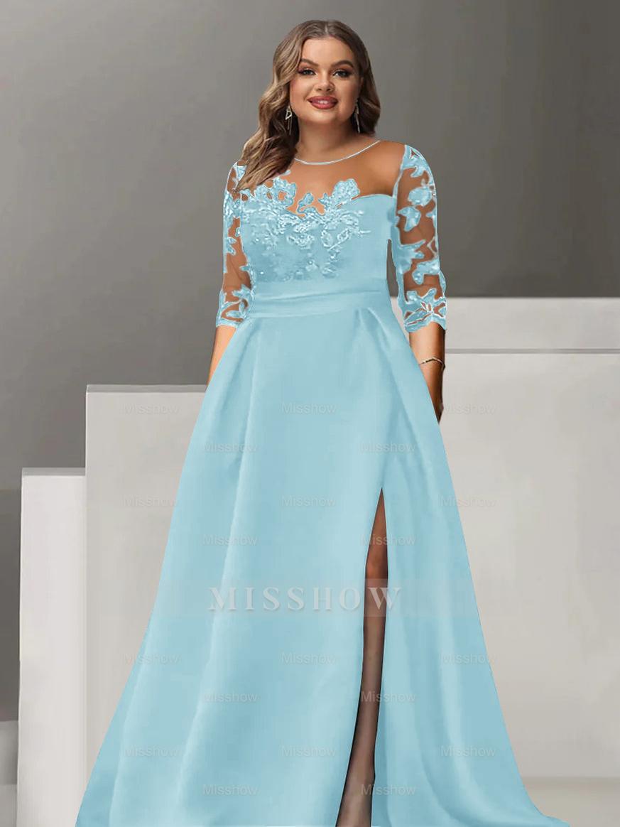 Sweetheart A-Line Princess Floor-Length Plus Size Mother of the Bride Dress with 3/4 Sleeves Lace & Side Split