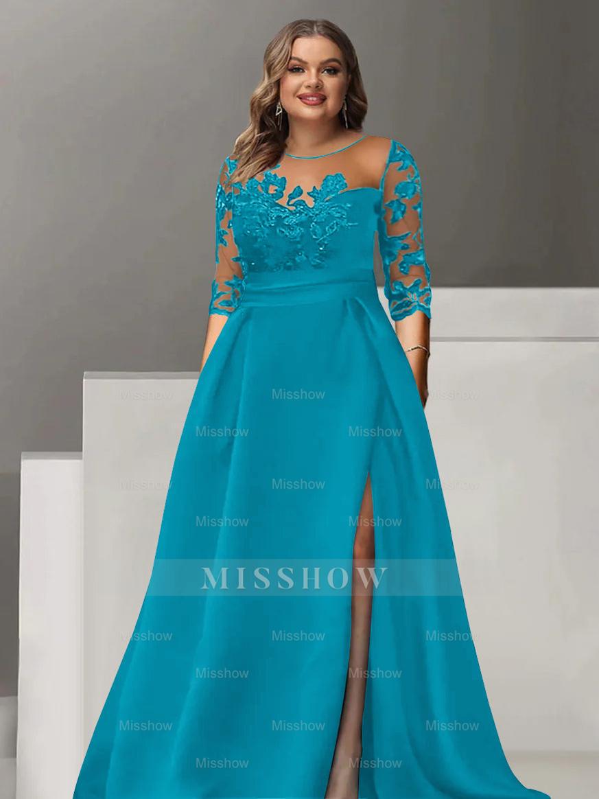Sweetheart A-Line Princess Floor-Length Plus Size Mother of the Bride Dress with 3/4 Sleeves Lace & Side Split