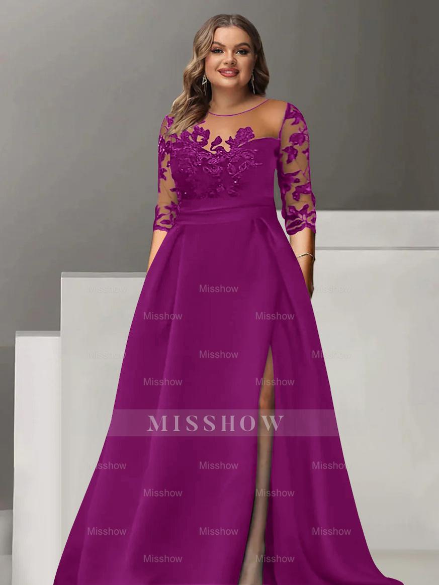 Sweetheart A-Line Princess Floor-Length Plus Size Mother of the Bride Dress with 3/4 Sleeves Lace & Side Split