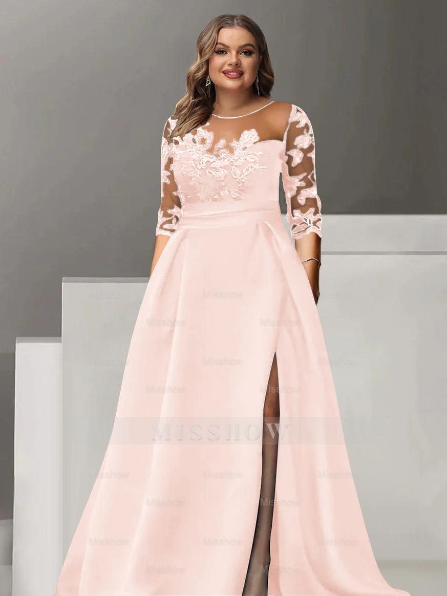Sweetheart A-Line Princess Floor-Length Plus Size Mother of the Bride Dress with 3/4 Sleeves Lace & Side Split