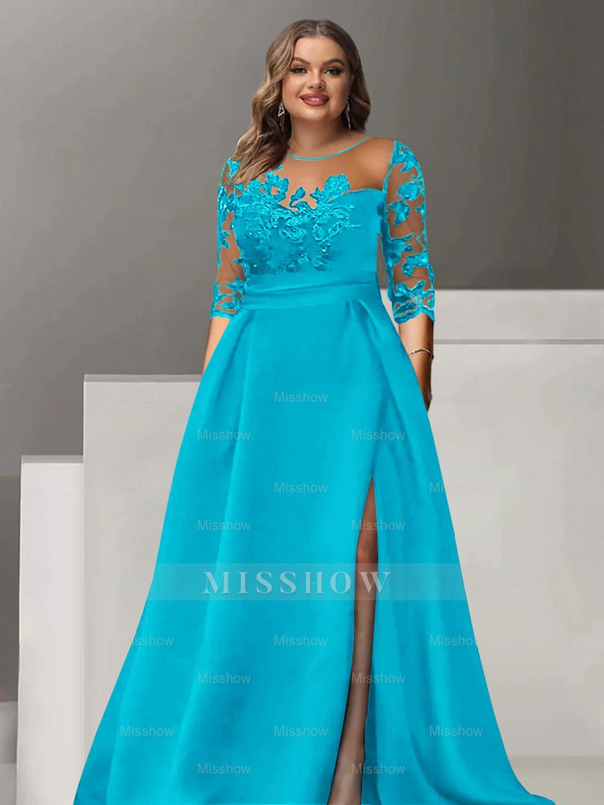 Sweetheart A-Line Princess Floor-Length Plus Size Mother of the Bride Dress with 3/4 Sleeves Lace & Side Split