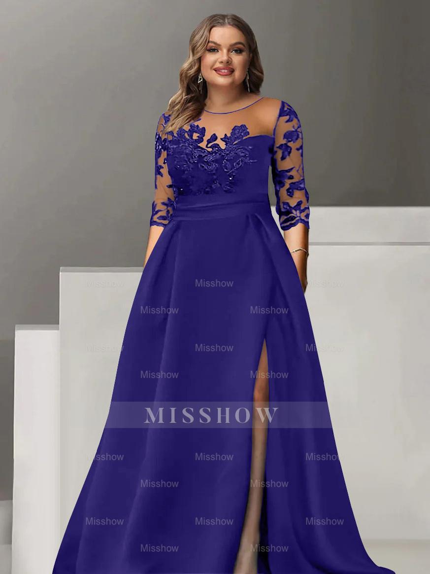 Sweetheart A-Line Princess Floor-Length Plus Size Mother of the Bride Dress with 3/4 Sleeves Lace & Side Split