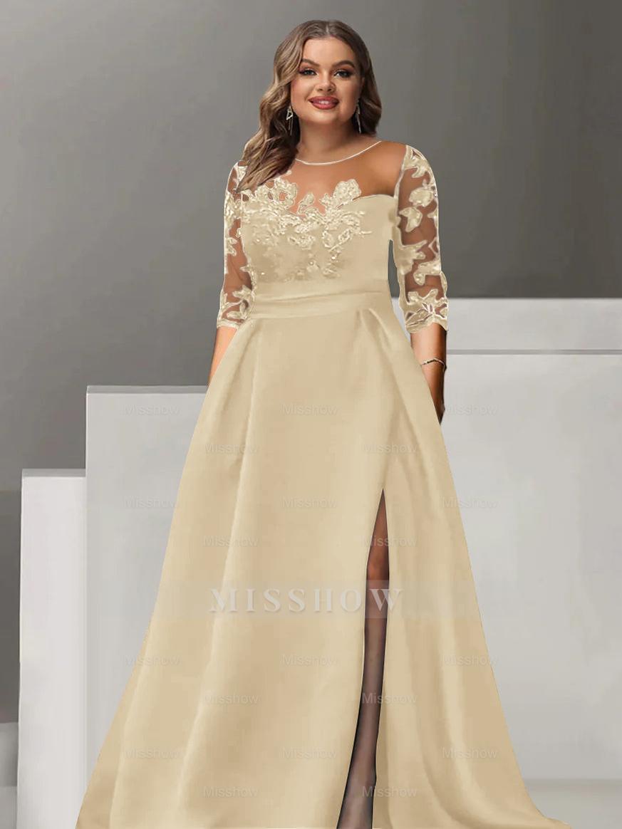 Sweetheart A-Line Princess Floor-Length Plus Size Mother of the Bride Dress with 3/4 Sleeves Lace & Side Split