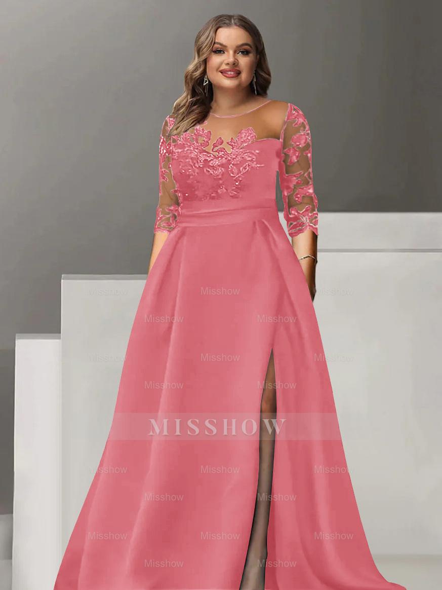 Sweetheart A-Line Princess Floor-Length Plus Size Mother of the Bride Dress with 3/4 Sleeves Lace & Side Split