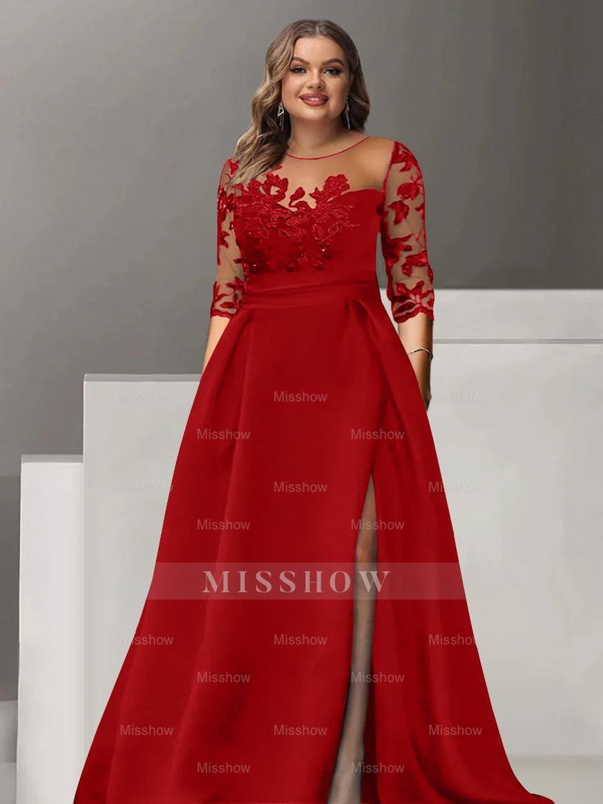 Sweetheart A-Line Princess Floor-Length Plus Size Mother of the Bride Dress with 3/4 Sleeves Lace & Side Split