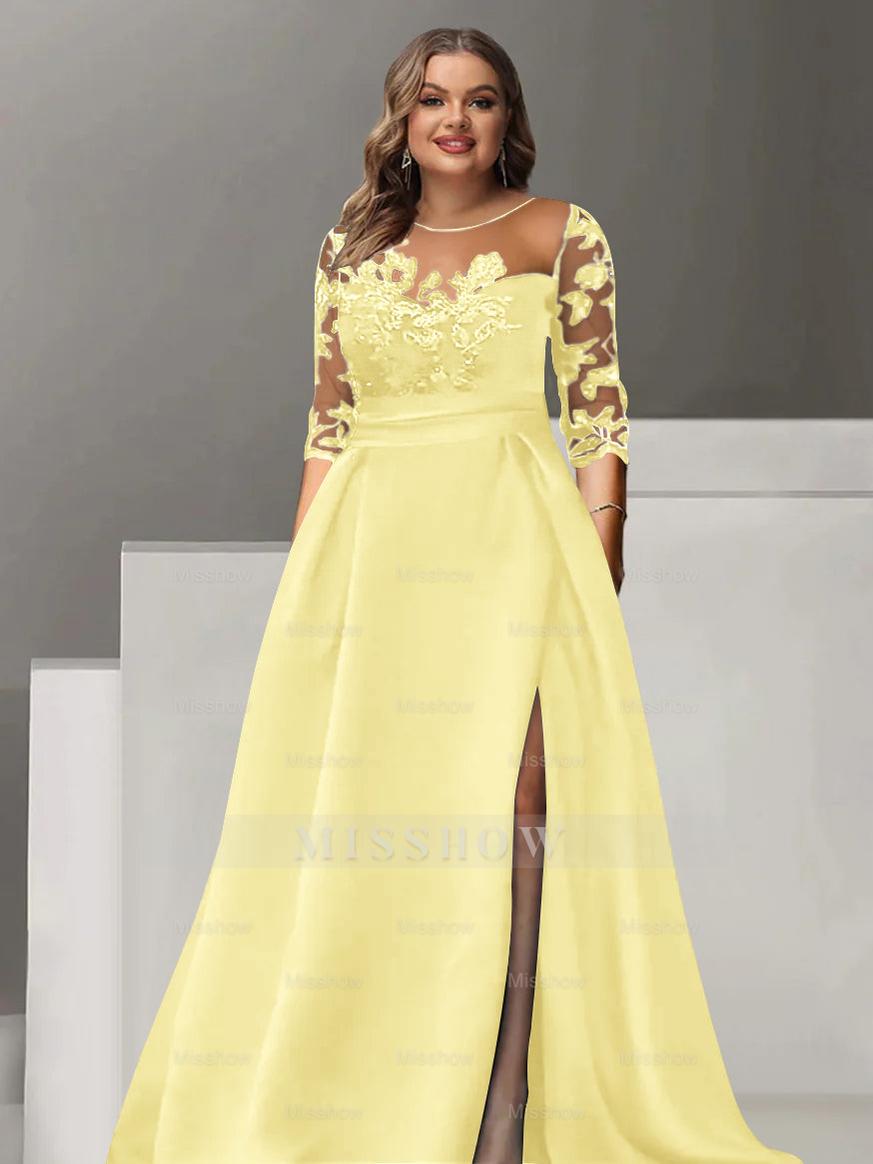 Sweetheart A-Line Princess Floor-Length Plus Size Mother of the Bride Dress with 3/4 Sleeves Lace & Side Split