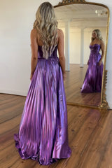 Sweetheart A-Line Prom Dress with Pleats and Slit in Purple Metallic