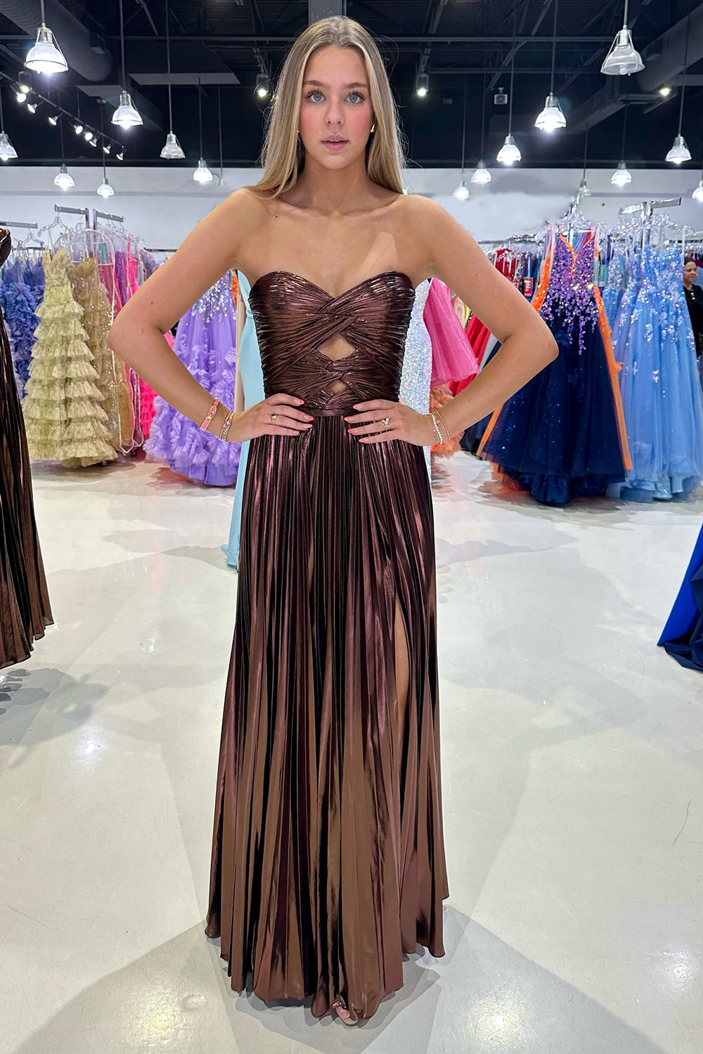 Sweetheart A-Line Prom Dress with Pleats and Slit in Purple Metallic