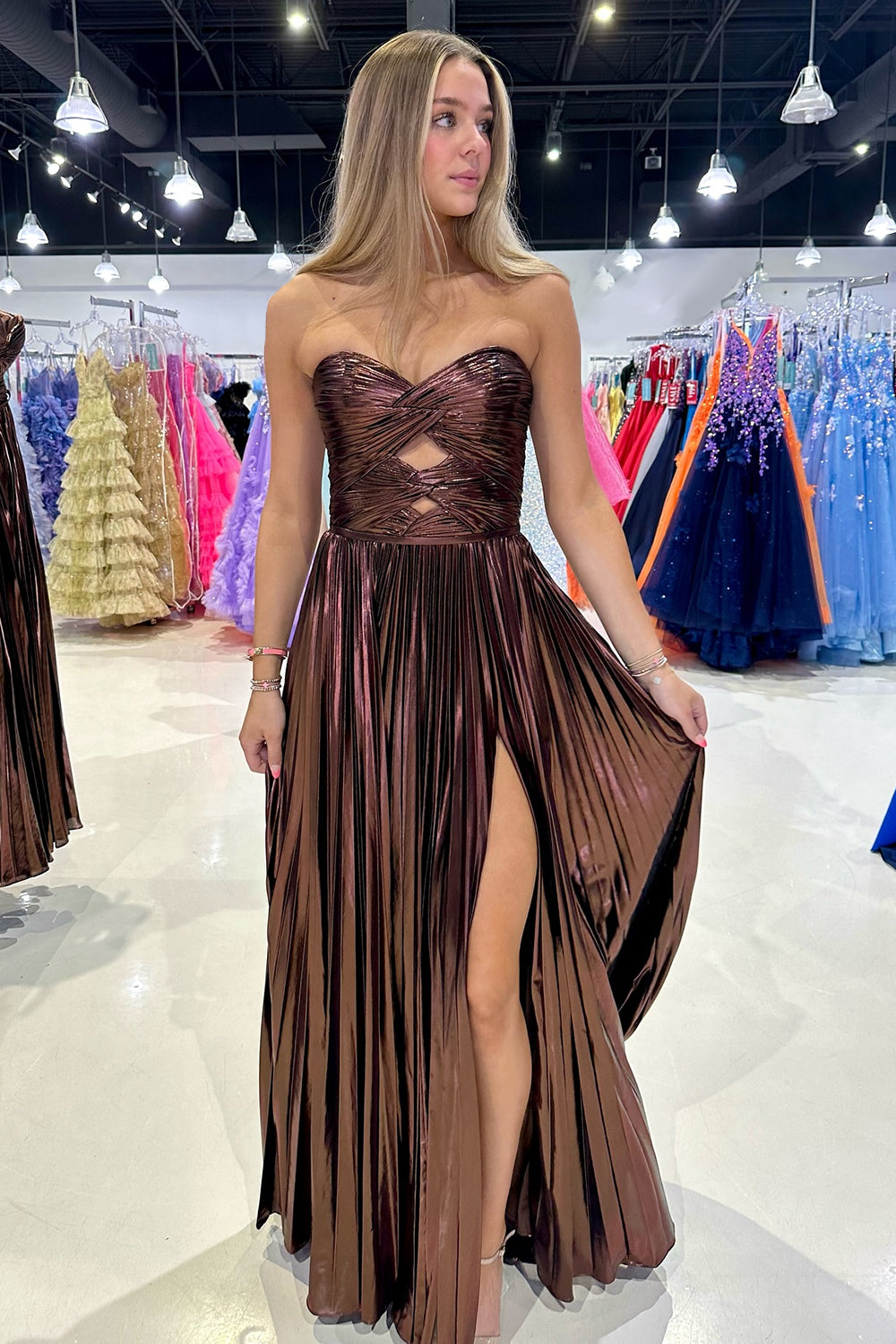 Sweetheart A-Line Prom Dress with Pleats and Slit in Purple Metallic