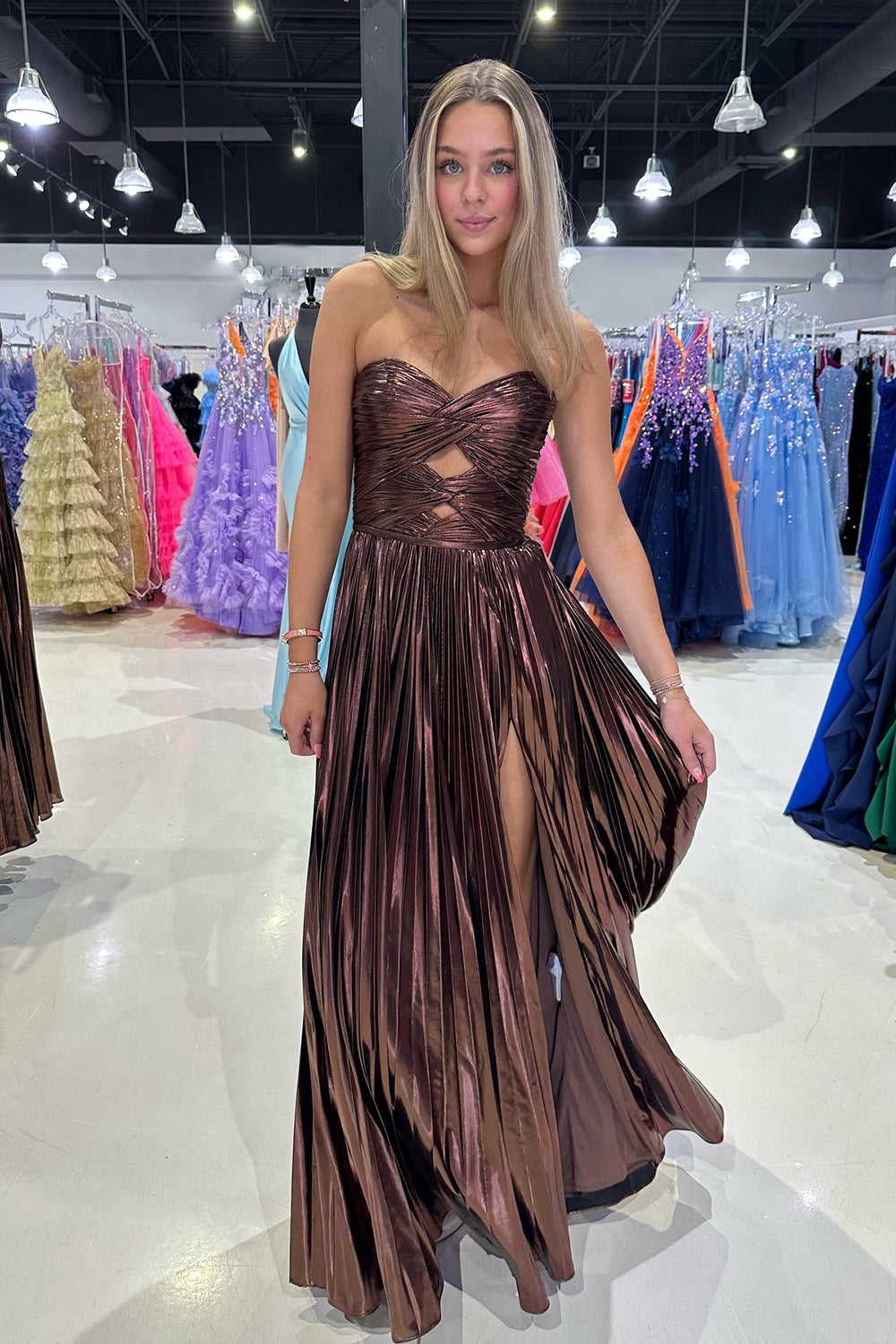 Sweetheart A-Line Prom Dress with Pleats and Slit in Purple Metallic