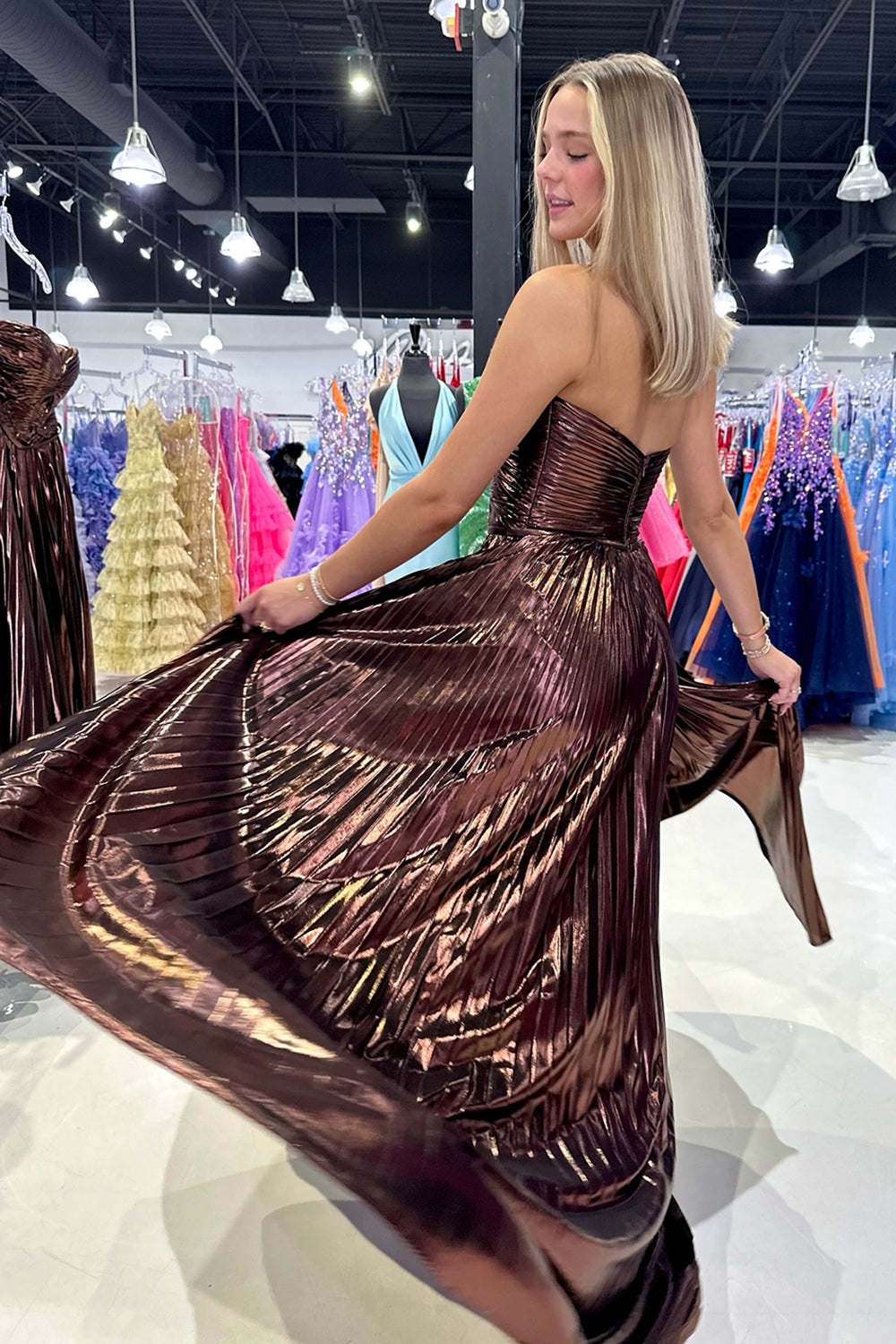 Sweetheart A-Line Prom Dress with Pleats and Slit in Purple Metallic