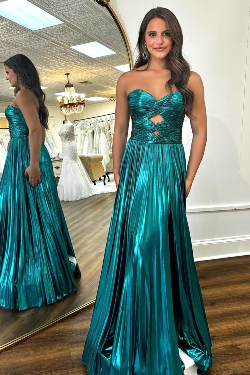 Sweetheart A-Line Prom Dress with Pleats and Slit in Purple Metallic