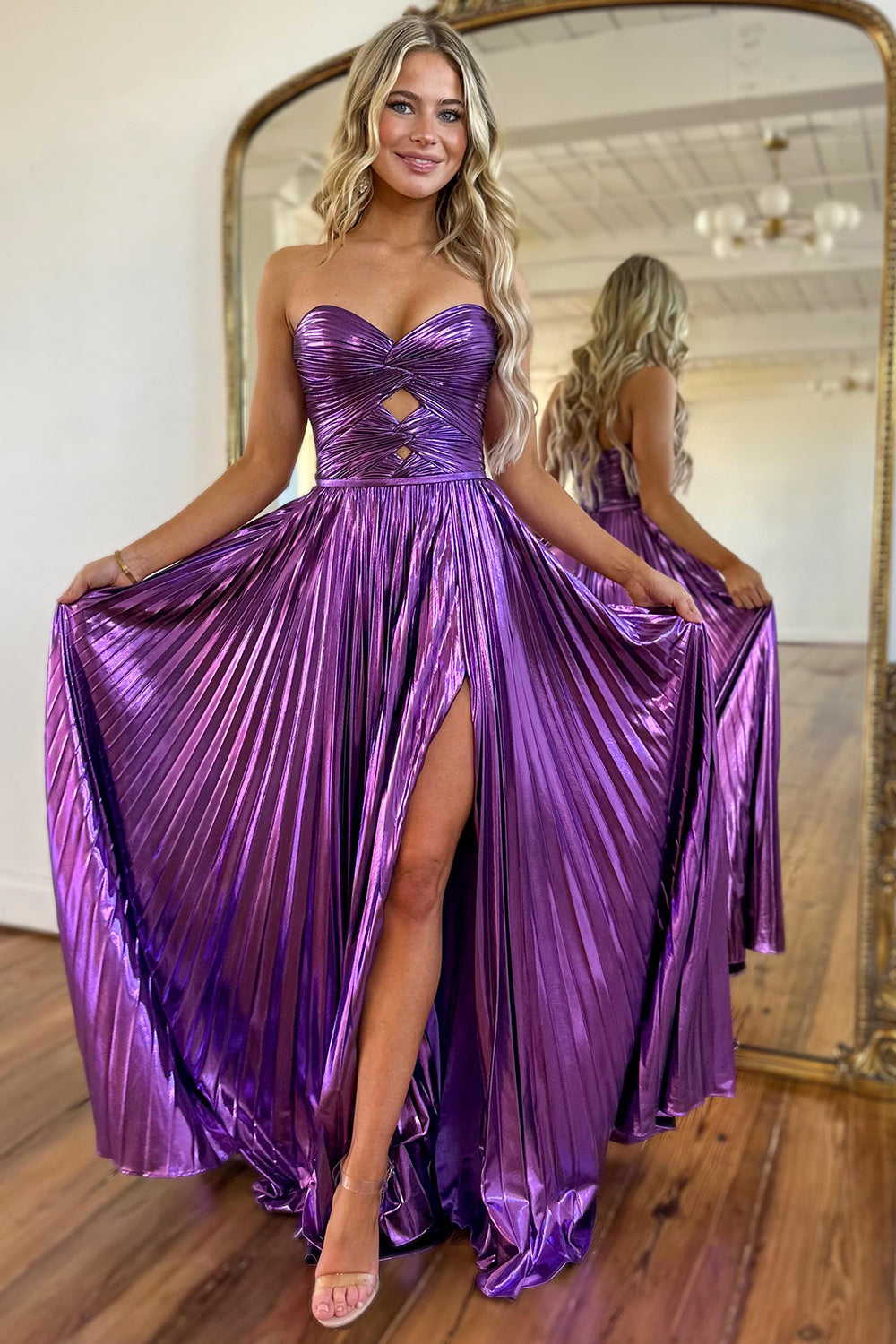 Sweetheart A-Line Prom Dress with Pleats and Slit in Purple Metallic