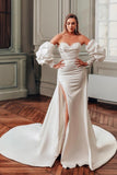 Sweetheart A-Line Split Front Stain Long Sleeve Wedding Dresses with Ruffles