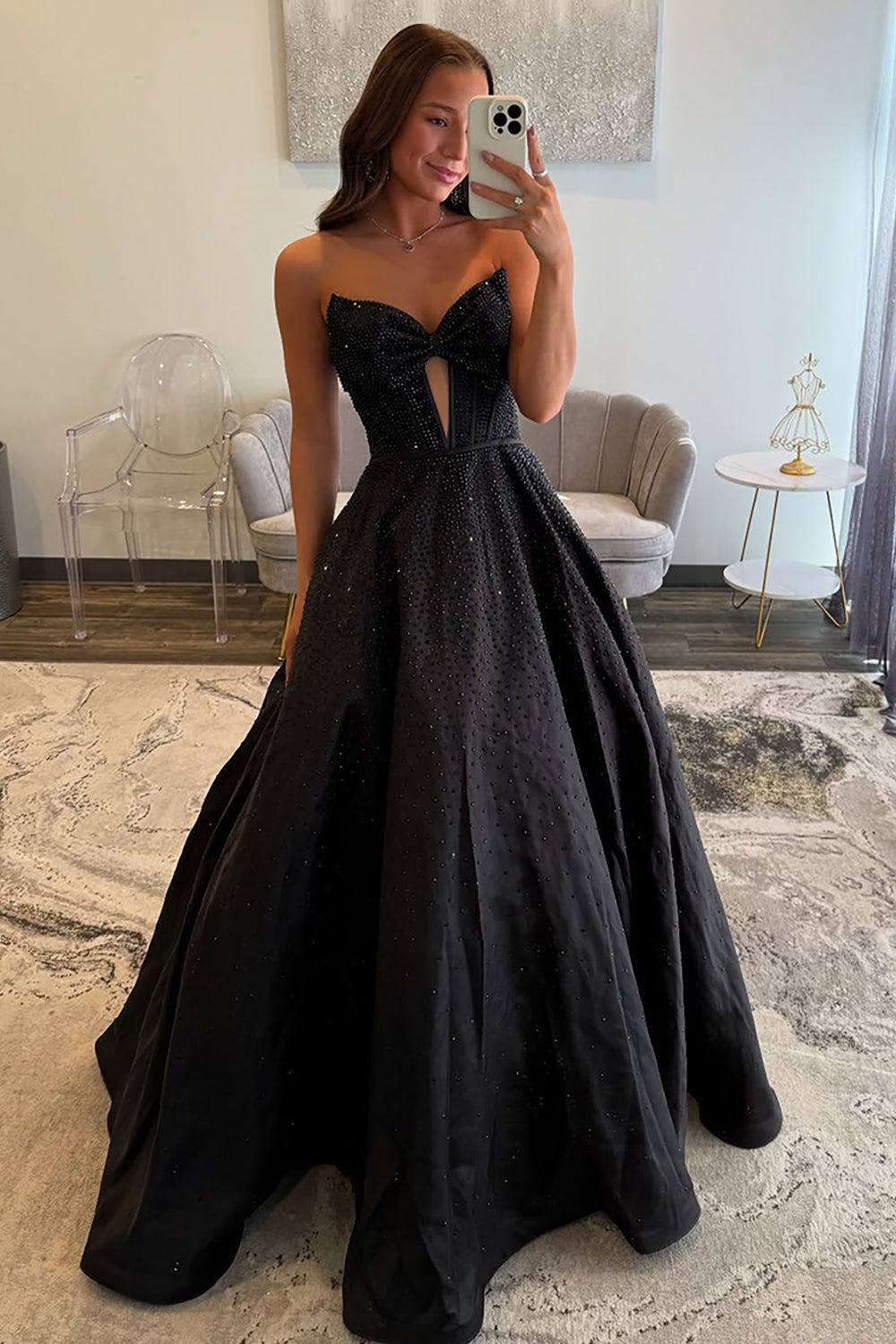 Sweetheart All-Over Rhinestone Beading Bow Cutout Corset Satin A-Line Prom Dress Open Back Chapel Train