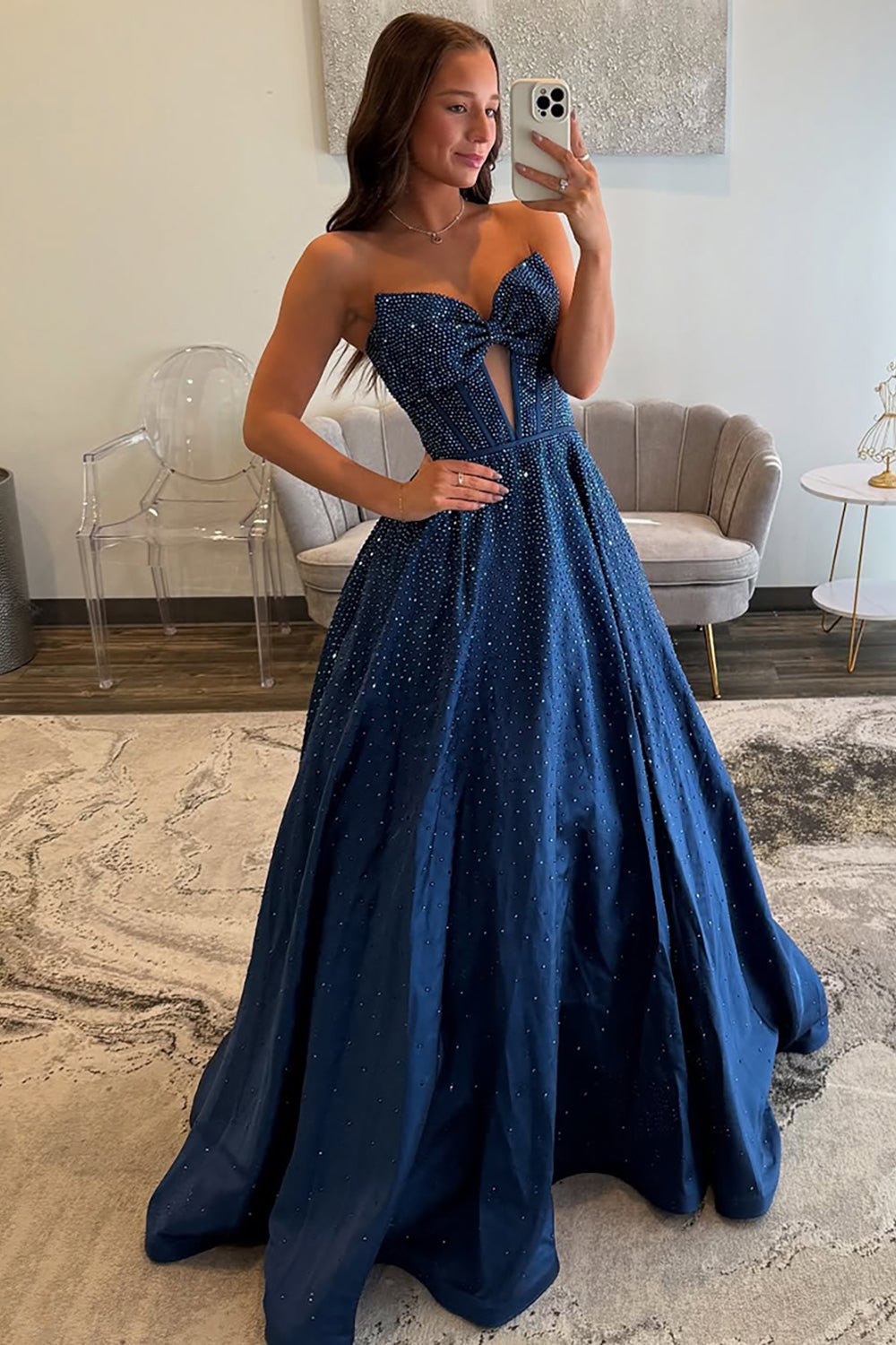 Sweetheart All-Over Rhinestone Beading Bow Cutout Corset Satin A-Line Prom Dress Open Back Chapel Train