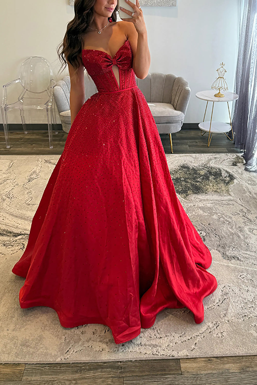 Sweetheart All-Over Rhinestone Beading Bow Cutout Corset Satin A-Line Prom Dress Open Back Chapel Train
