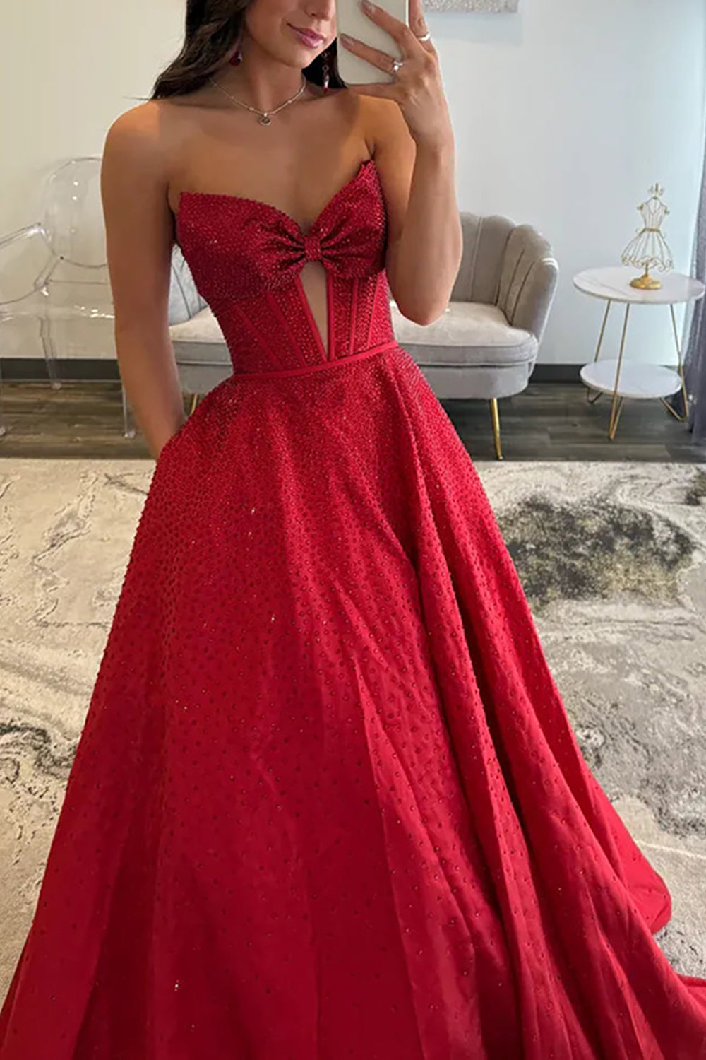 Sweetheart All-Over Rhinestone Beading Bow Cutout Corset Satin A-Line Prom Dress Open Back Chapel Train