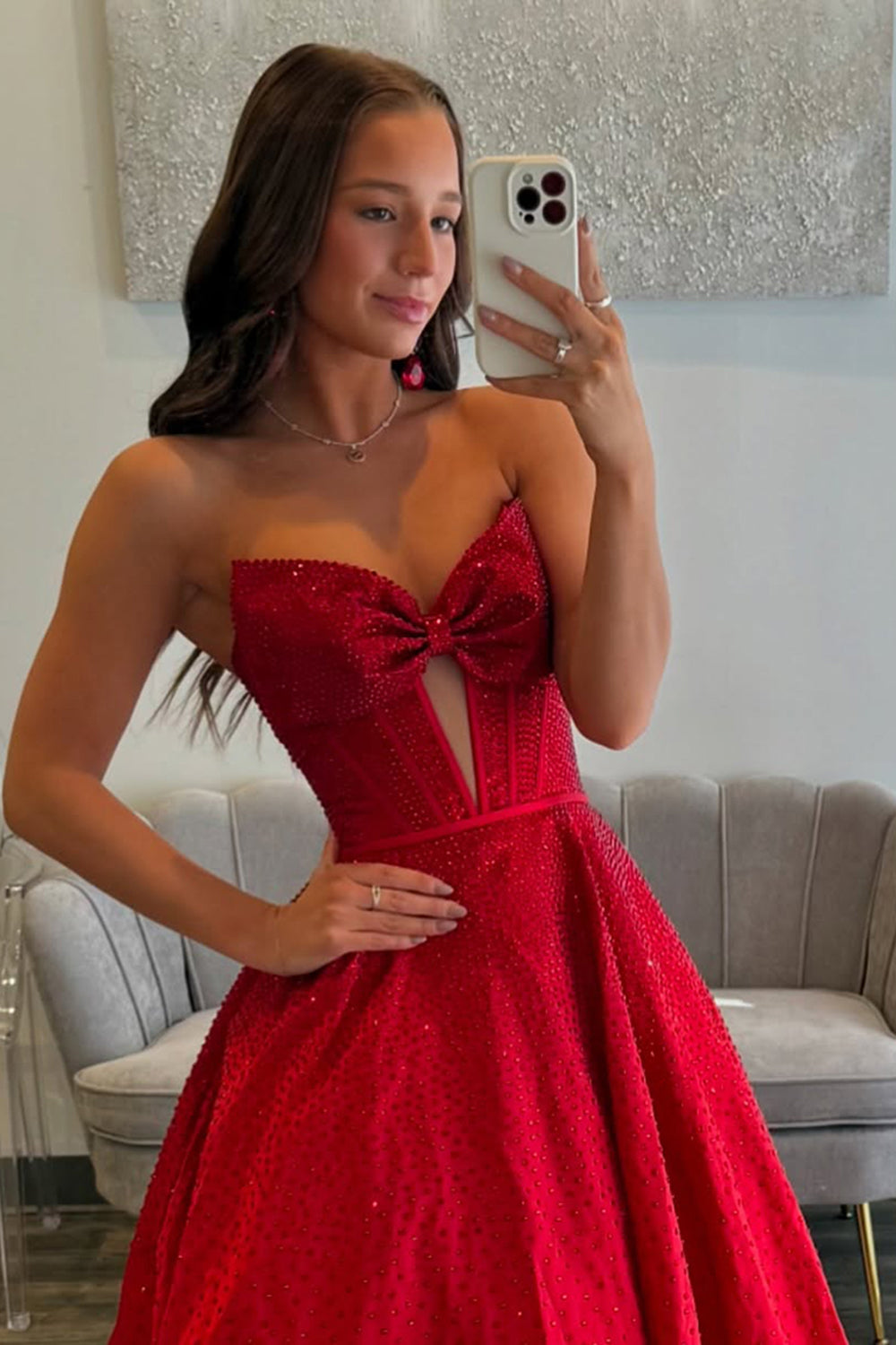 Sweetheart All-Over Rhinestone Beading Bow Cutout Corset Satin A-Line Prom Dress Open Back Chapel Train