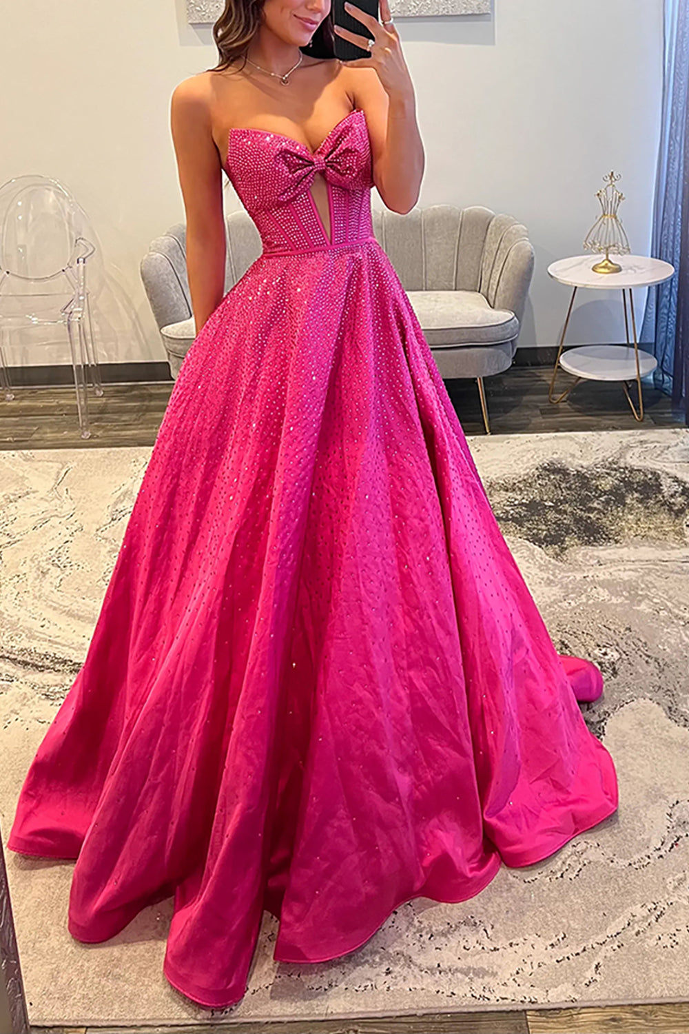Sweetheart All-Over Rhinestone Beading Bow Cutout Corset Satin A-Line Prom Dress Open Back Chapel Train
