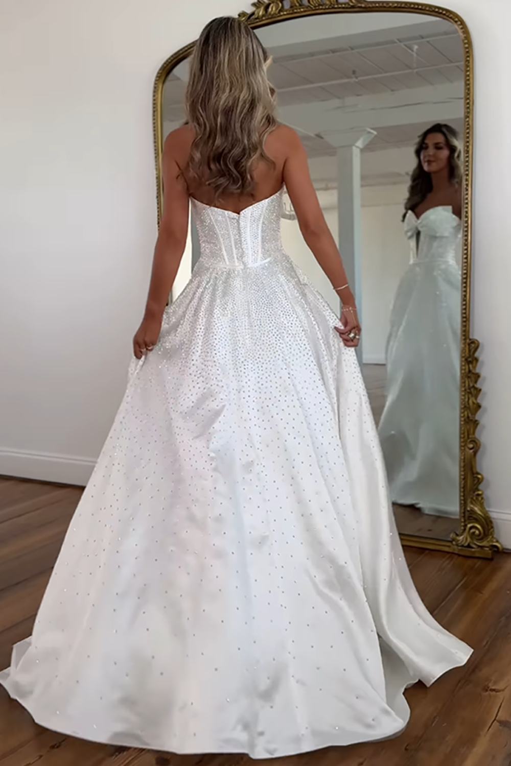 Sweetheart All-Over Rhinestone Beading Bow Cutout Corset Satin A-Line Prom Dress Open Back Chapel Train