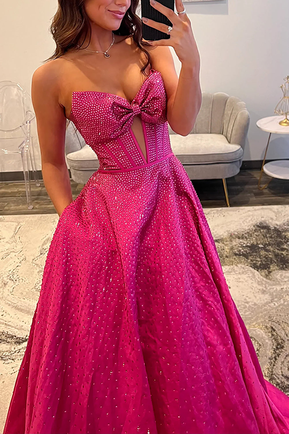 Sweetheart All-Over Rhinestone Beading Bow Cutout Corset Satin A-Line Prom Dress Open Back Chapel Train