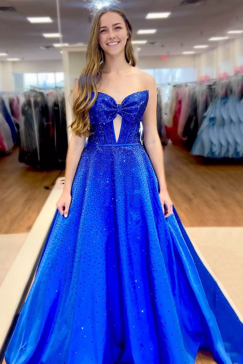 Sweetheart All-Over Rhinestone Beading Bow Cutout Corset Satin A-Line Prom Dress Open Back Chapel Train