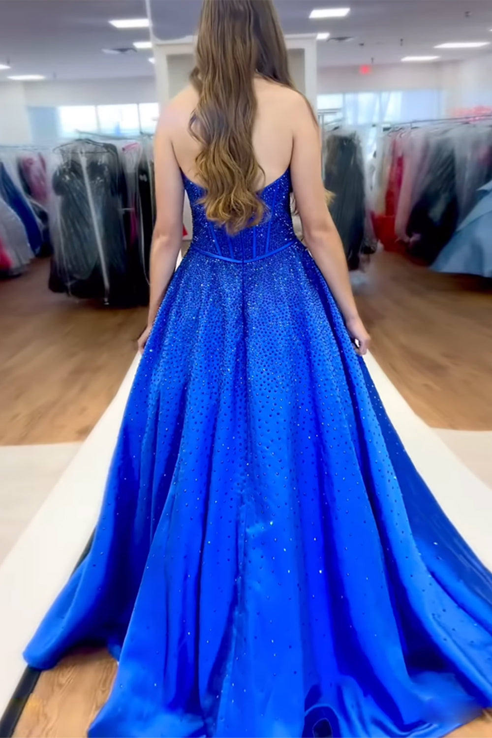 Sweetheart All-Over Rhinestone Beading Bow Cutout Corset Satin A-Line Prom Dress Open Back Chapel Train