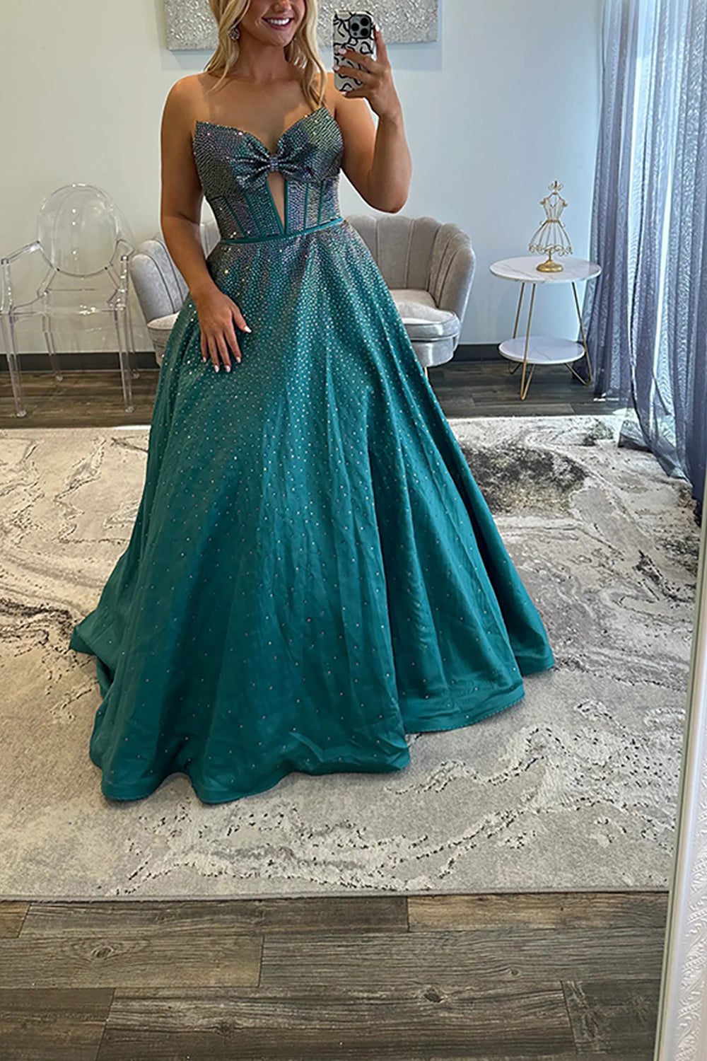 Sweetheart All-Over Rhinestone Beading Bow Cutout Corset Satin A-Line Prom Dress Open Back Chapel Train