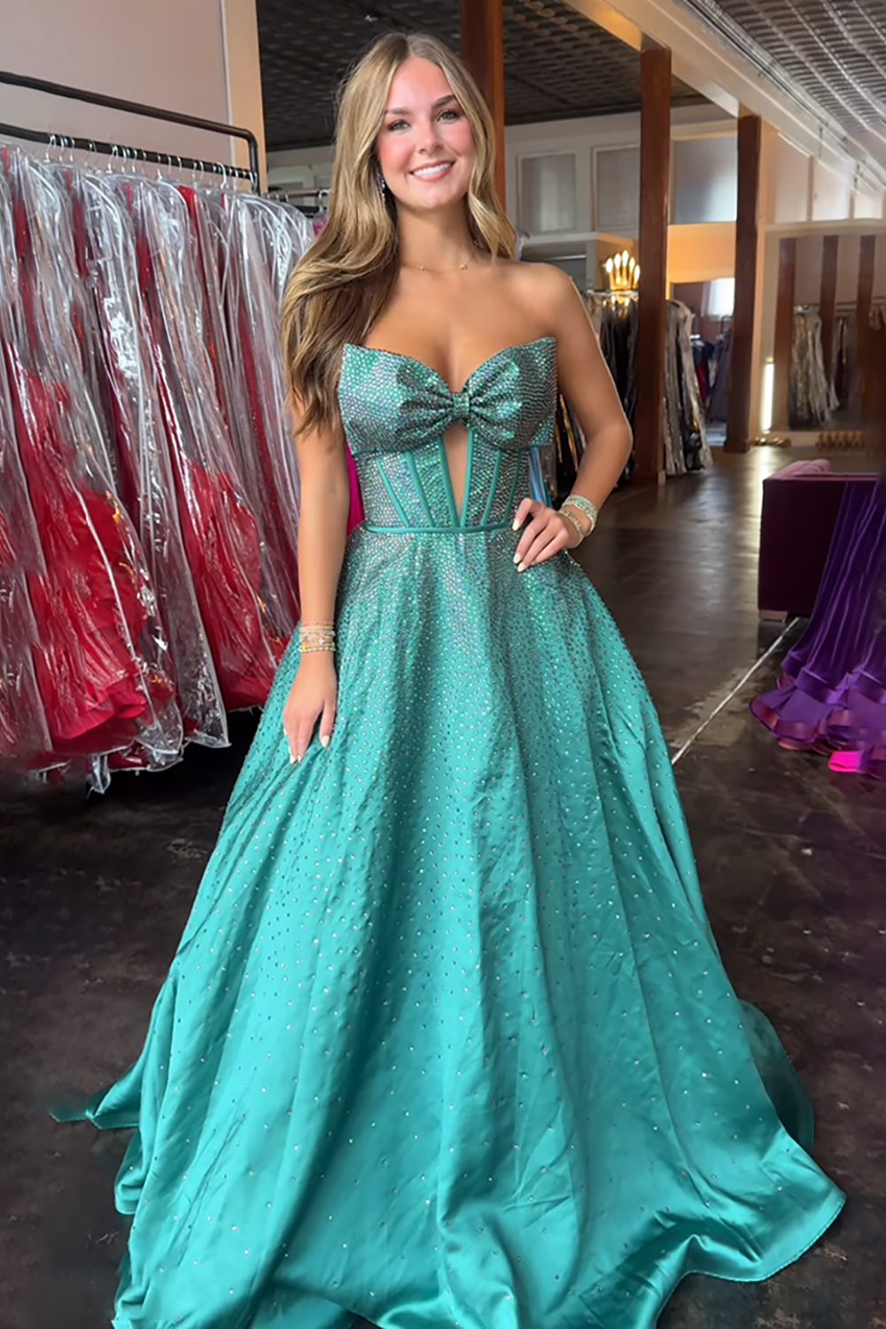 Sweetheart All-Over Rhinestone Beading Bow Cutout Corset Satin A-Line Prom Dress Open Back Chapel Train