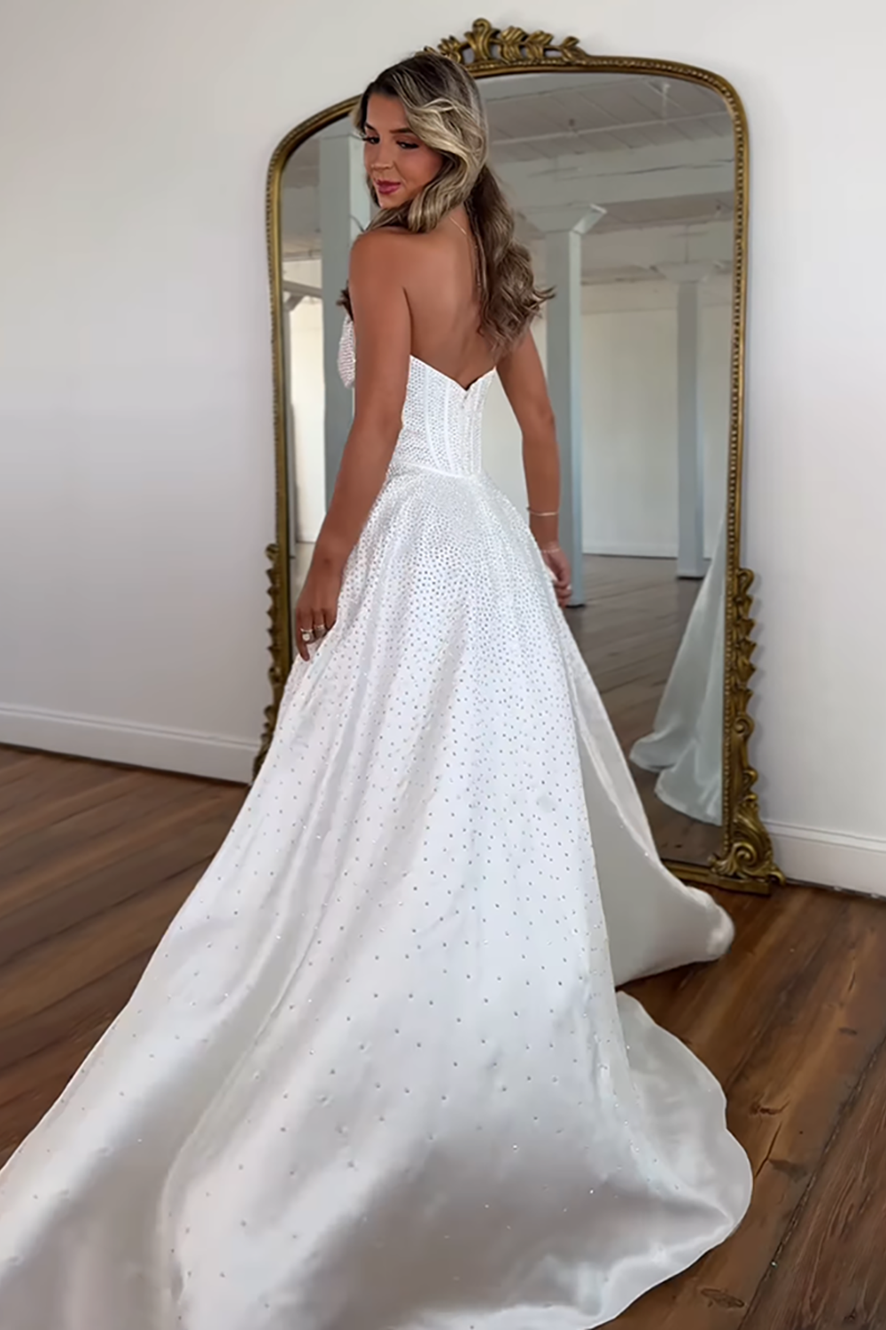 Sweetheart All-Over Rhinestone Beading Bow Cutout Corset Satin A-Line Prom Dress Open Back Chapel Train