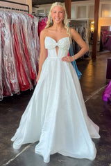Sweetheart All-Over Rhinestone Beading Bow Cutout Corset Satin A-Line Prom Dress Open Back Chapel Train