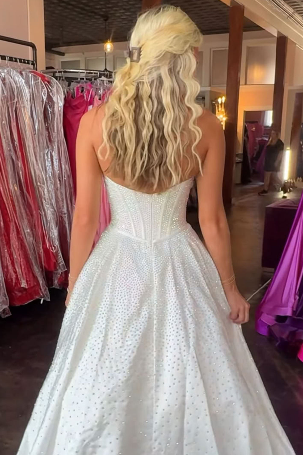 Sweetheart All-Over Rhinestone Beading Bow Cutout Corset Satin A-Line Prom Dress Open Back Chapel Train