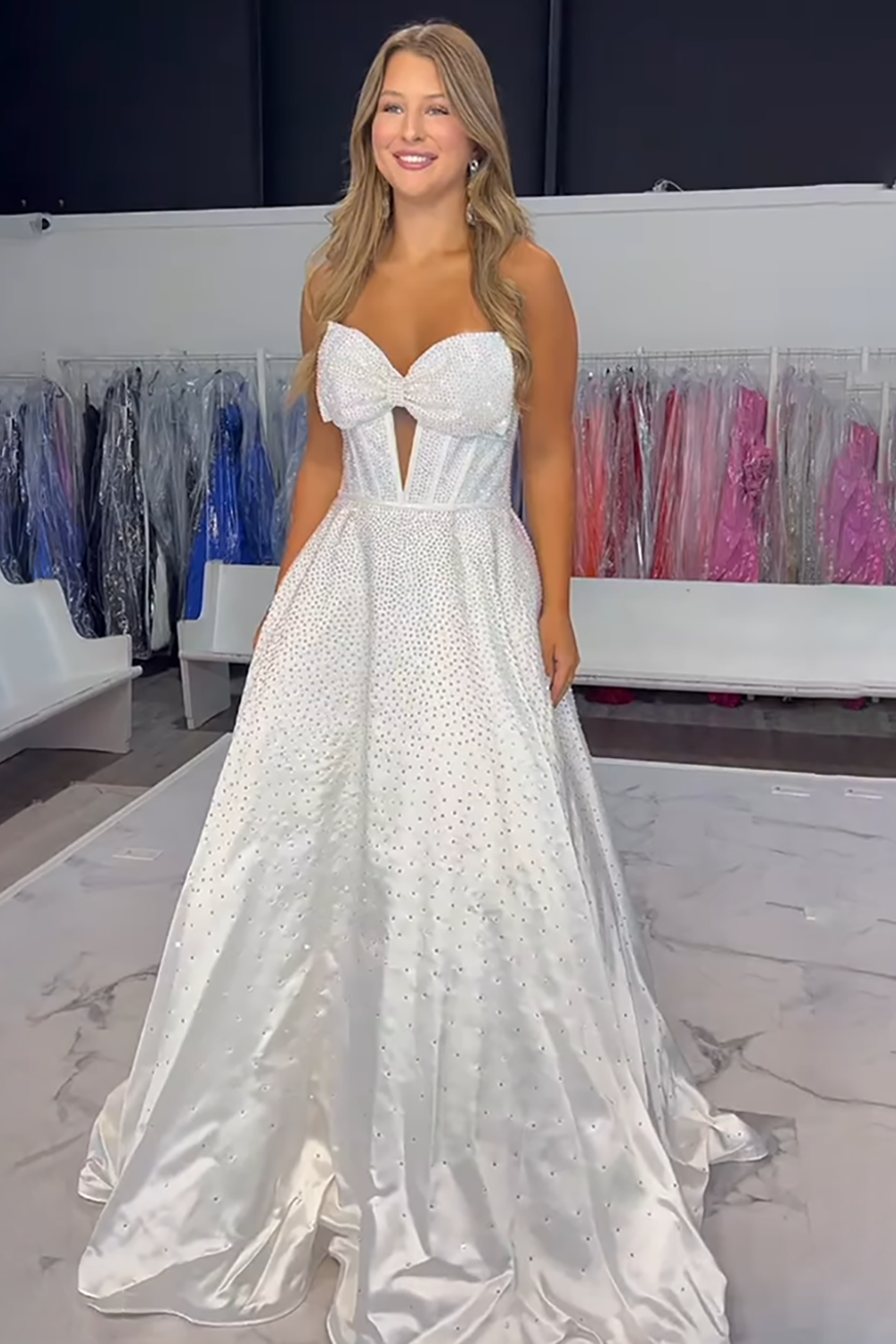 Sweetheart All-Over Rhinestone Beading Bow Cutout Corset Satin A-Line Prom Dress Open Back Chapel Train