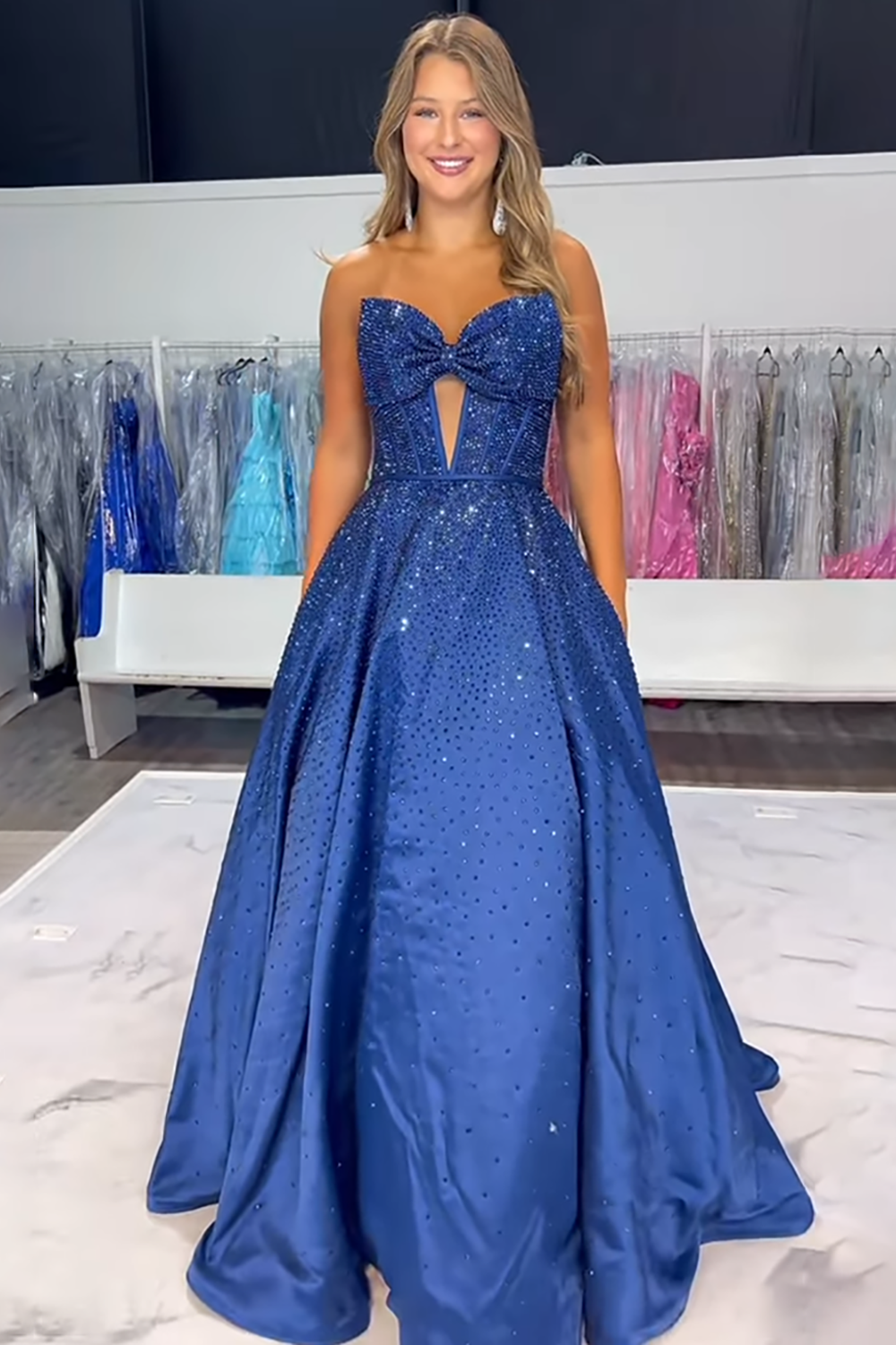 Sweetheart All-Over Rhinestone Beading Bow Cutout Corset Satin A-Line Prom Dress Open Back Chapel Train