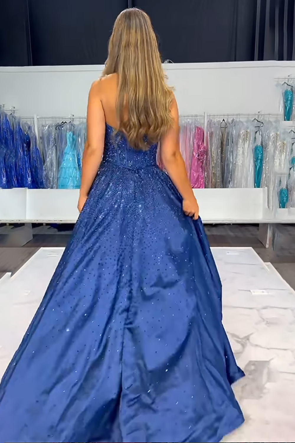 Sweetheart All-Over Rhinestone Beading Bow Cutout Corset Satin A-Line Prom Dress Open Back Chapel Train