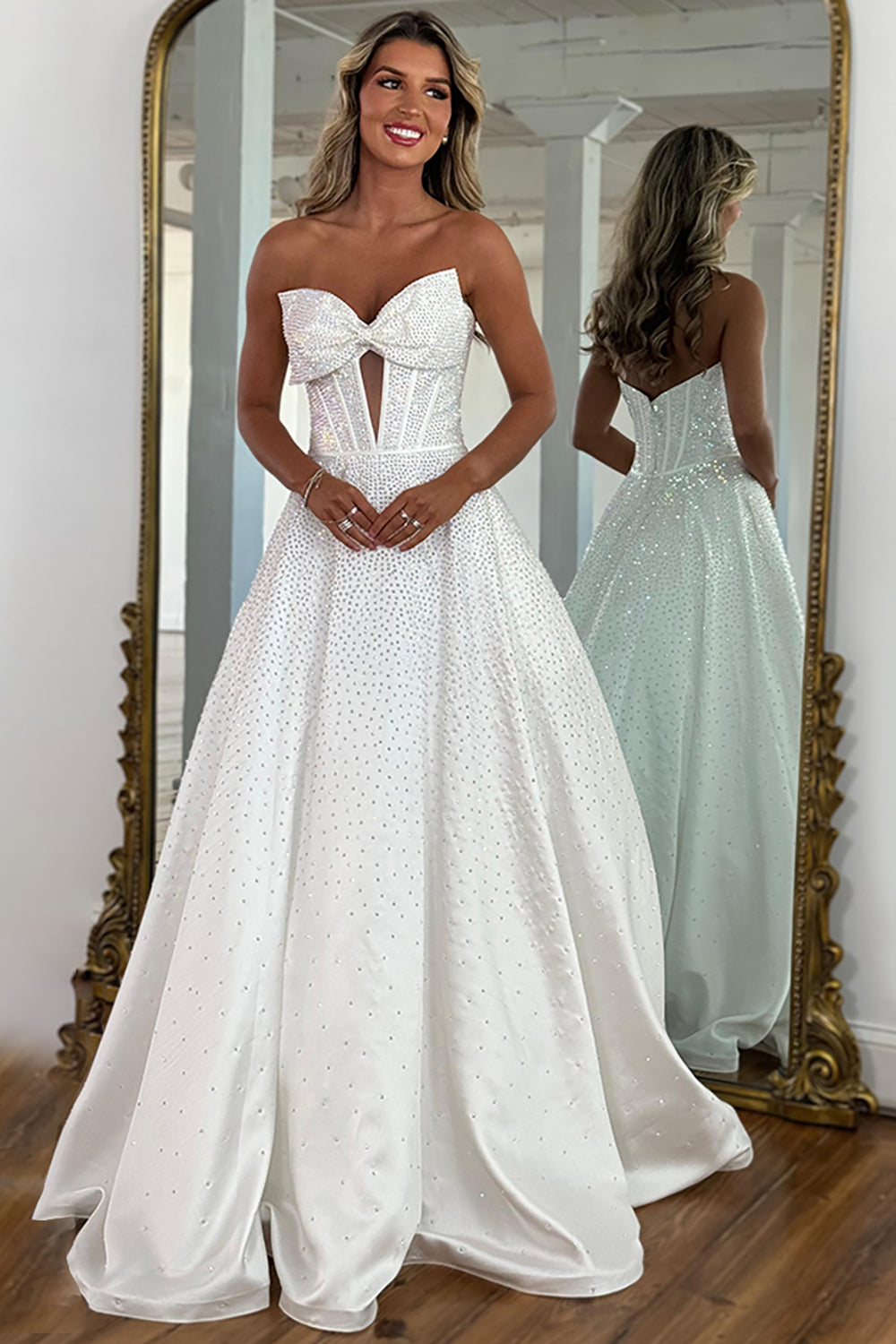 Sweetheart All-Over Rhinestone Beading Bow Cutout Corset Satin A-Line Prom Dress Open Back Chapel Train